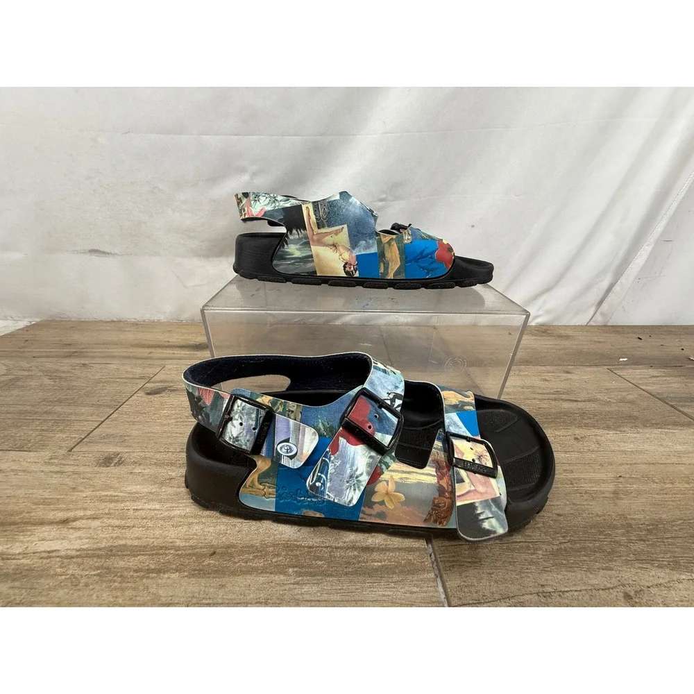 Birkis Birkenstock Men 42 Tropical Graphic Print 3-Strap Buckle Sandals Black
